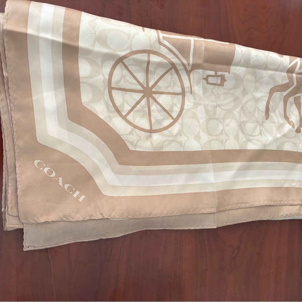 Coach Neutral Signature Silk Scarf in Beige and Cream